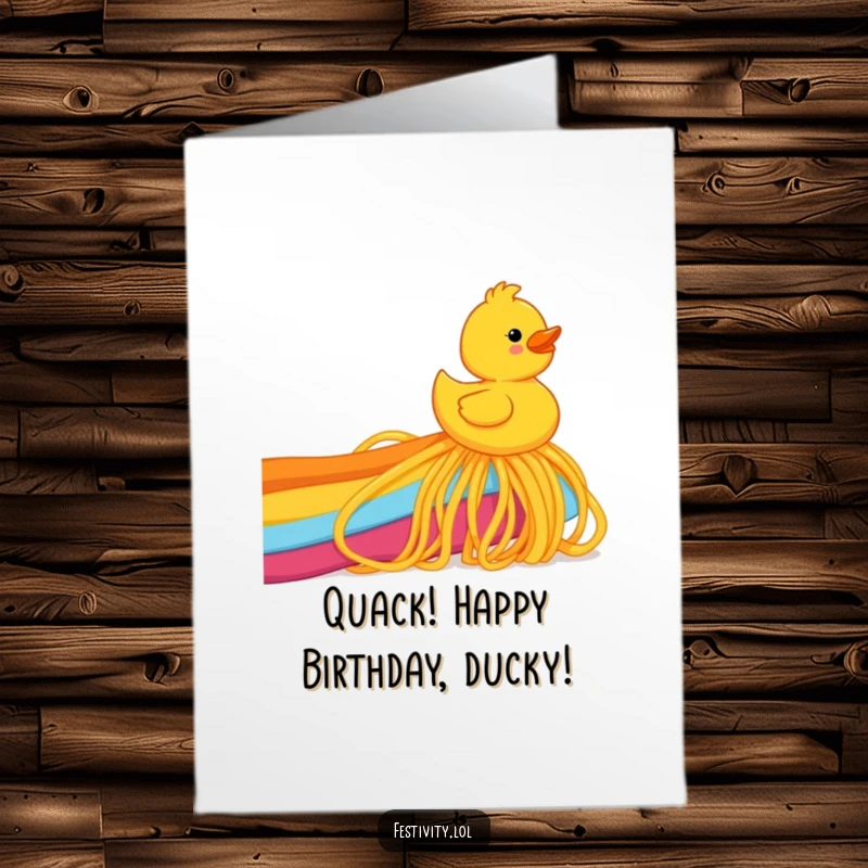 Funny Free Printable Birthday Card: A joyful rubber ducky sliding down a vibrant rainbow made entirely of spaghetti.