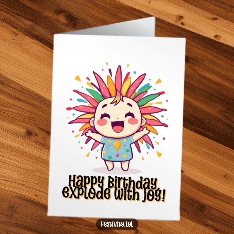 Funny Free Printable Birthday Card: A jubilant firework character bursts dramatically with dazzling, colorful, and joyful patterns.