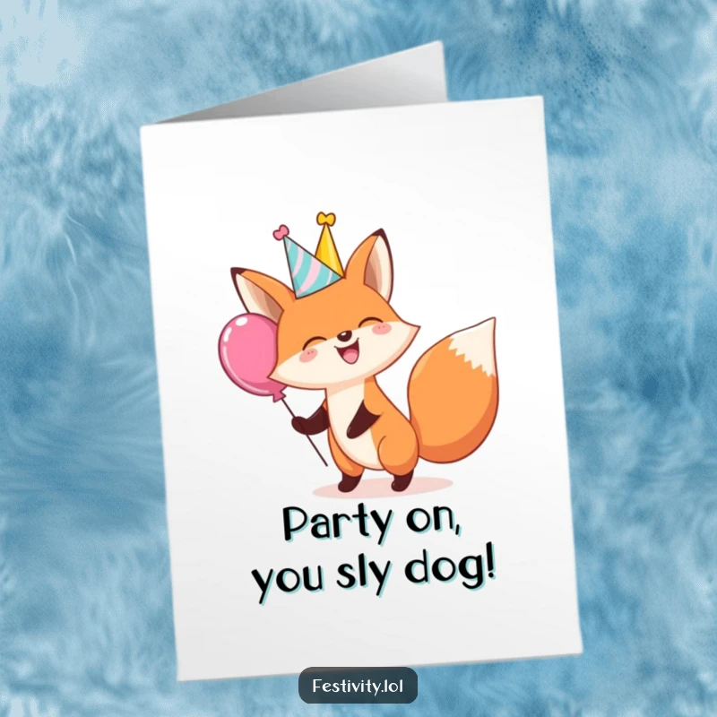 Funny Free Printable birthday card: A giggling fox wearing a party hat, joyfully bouncing a large, colorful balloon.