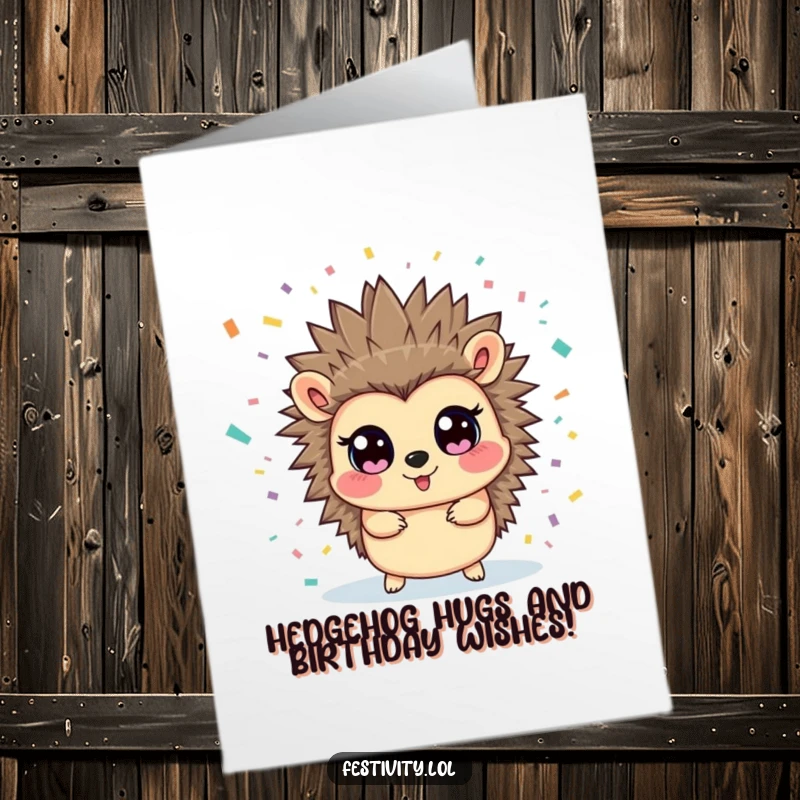 Funny Free Printable Birthday Card: A happy hedgehog recoils in surprise from a sudden confetti blast with wide, astonished eyes.