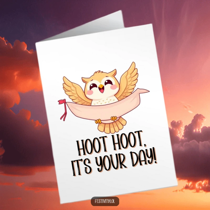 Funny Free Printable Birthday Card featuring a joyful owl flying with a festive banner, perfect for a unique gift.