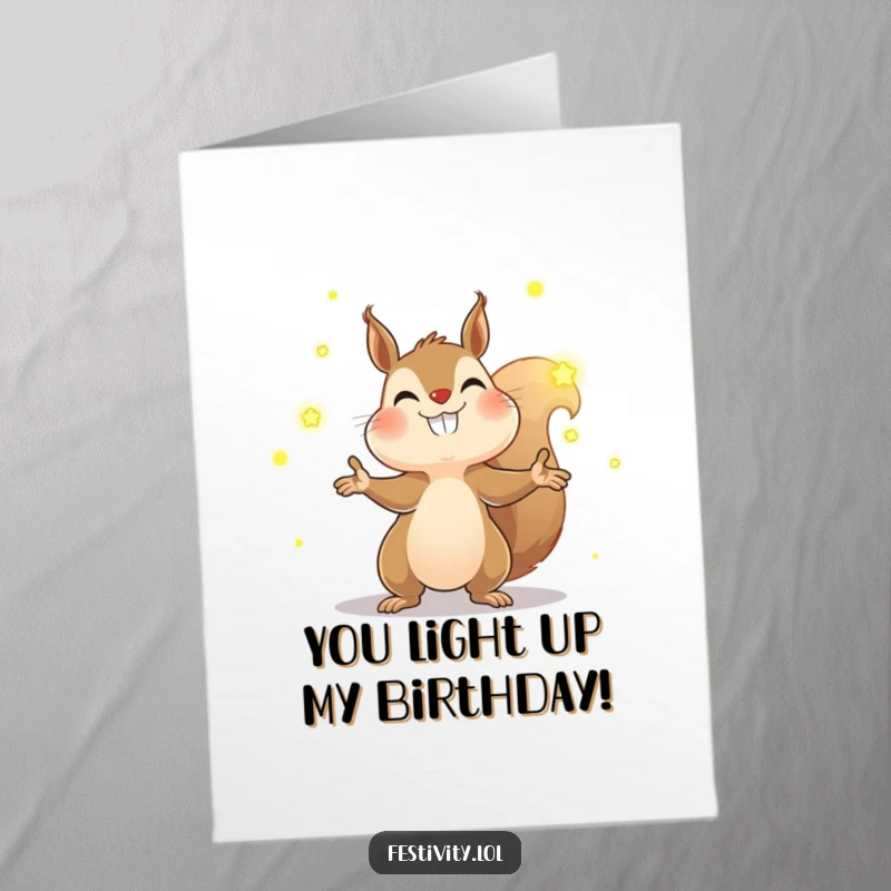 Funny free printable birthday card featuring a determined squirrel juggling glowing fireflies with a wide grin, perfect for a bright celebration.