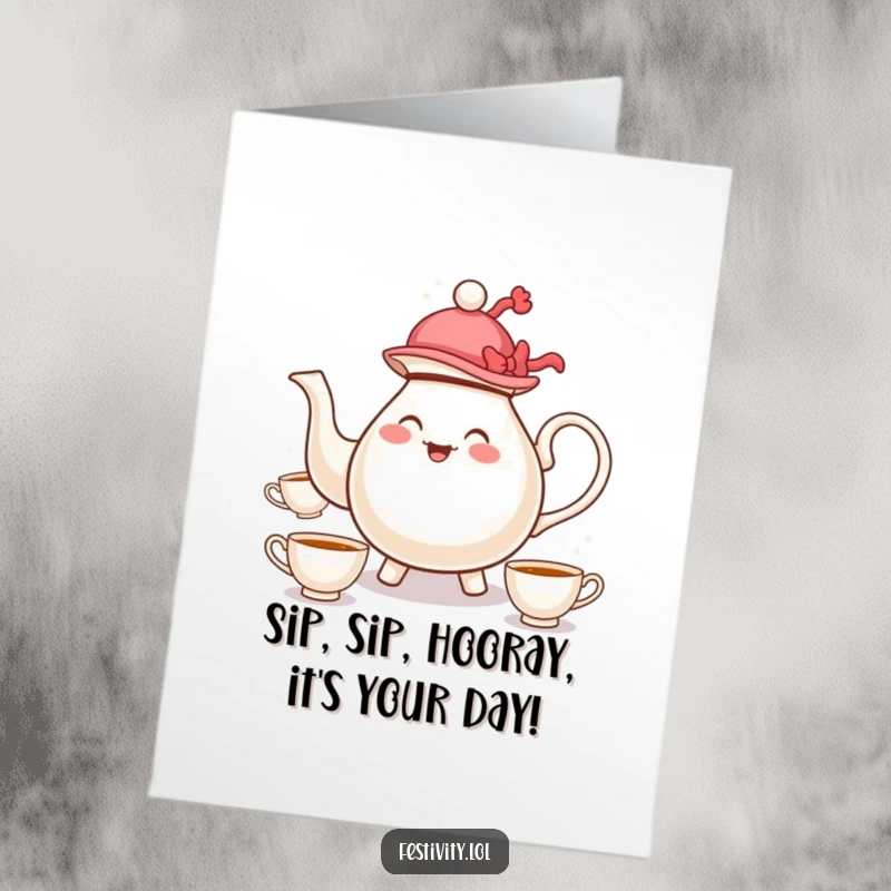 Funny Free Printable Birthday Card: A teapot in a hat merrily juggles teacups, celebrating with cheer.