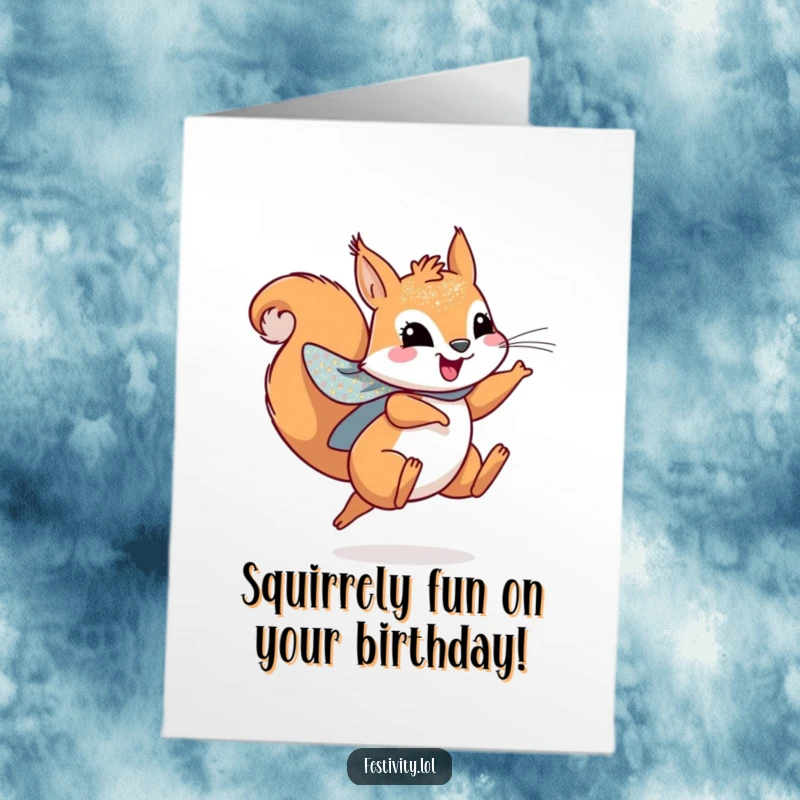 Funny free printable birthday card of a playful squirrel in a sparkly cape, leaping with pure joy and heroic enthusiasm.