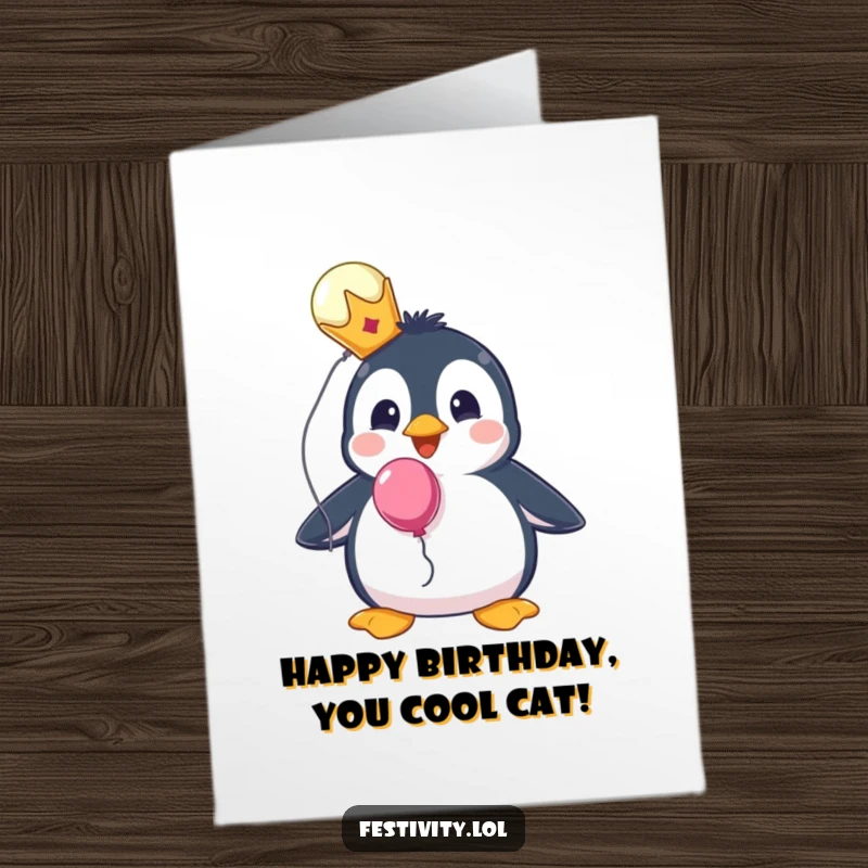 Funny free printable birthday card of a surprised penguin wearing a tiny, regal crown and holding onto a floating balloon.