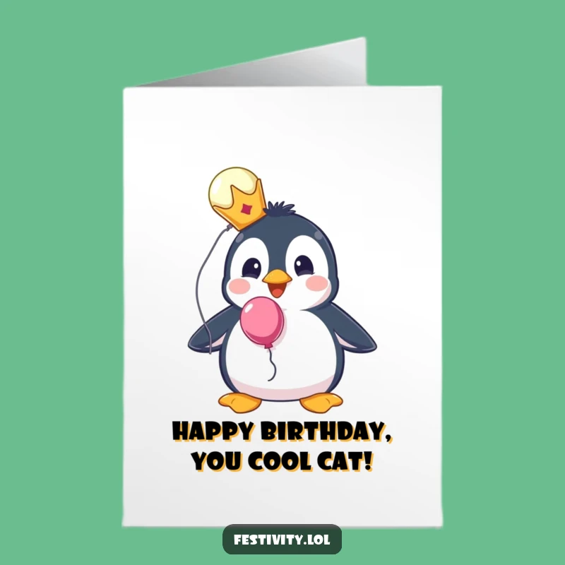 Free Printable Birthday Card: Surprised Penguin Crown Balloon - Funny Gift