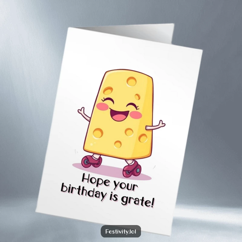 Funny Free Printable Birthday Card: A smiling cheese slice wearing tiny roller skates, comically tripping over its wheels.