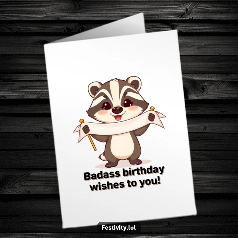 Funny Free Printable Birthday Card: A triumphant badger holding a banner with a proud, happy expression, celebrating a birthday win.