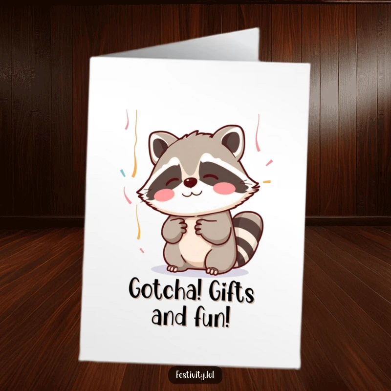 Funny Free Printable Birthday Card: Blushing raccoon with cute paws trying to catch falling streamers, a sweet and silly card.