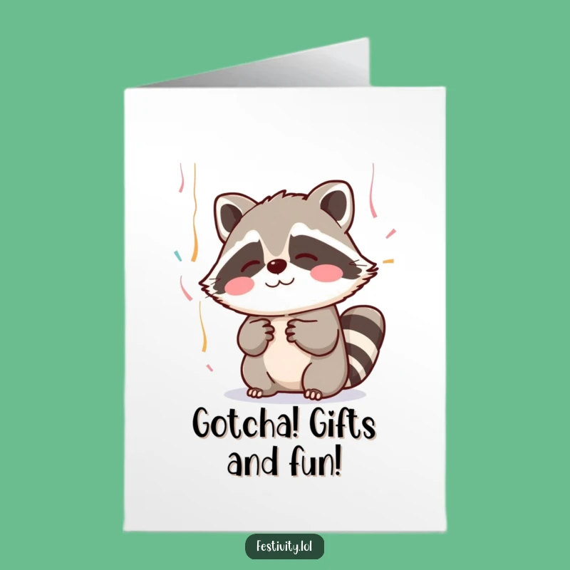 Free Printable Blushing Raccoon Birthday Card: Catching Streamers Downloadable Gift!
