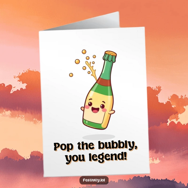 Funny Free Printable Birthday Card: Smiling champagne bottle gleefully popping its cork with a celebratory splash.