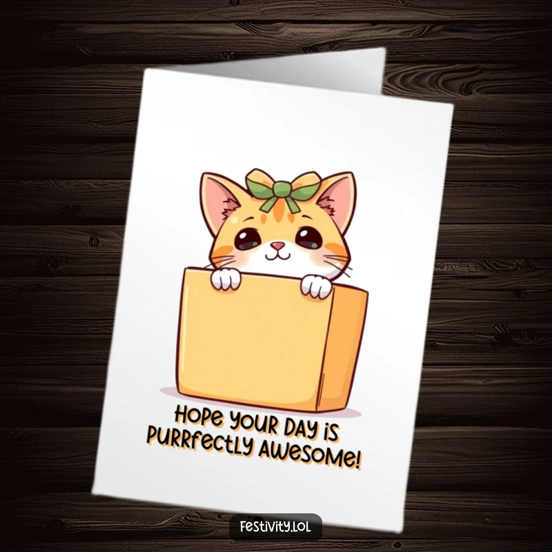 Funny Free Printable Birthday Card: Curious cat peeking from behind a giant gift box, ready to pounce on the fun.