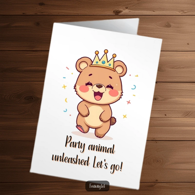 Funny Free Printable Birthday Card: Giggling bear cub with streamer crown dancing wildly, spreading birthday cheer, printable download.