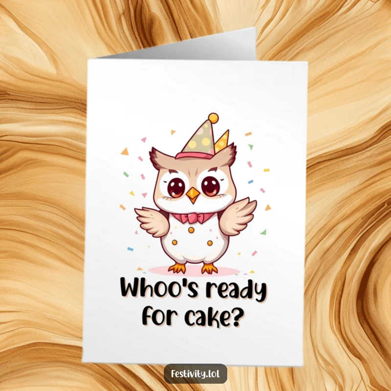 Funny Free Printable Birthday Card: A tiny owl in a party planner outfit joyfully tossing confetti, ready for a fun birthday.