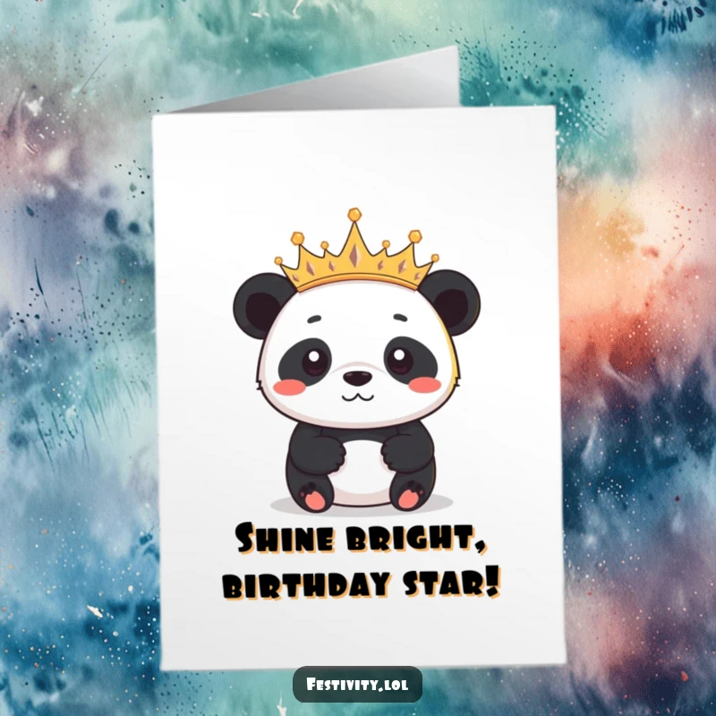 Funny Free Printable Birthday Card: Determined panda proudly wearing a crown of tiny twinkling lights, looking festive and regal.