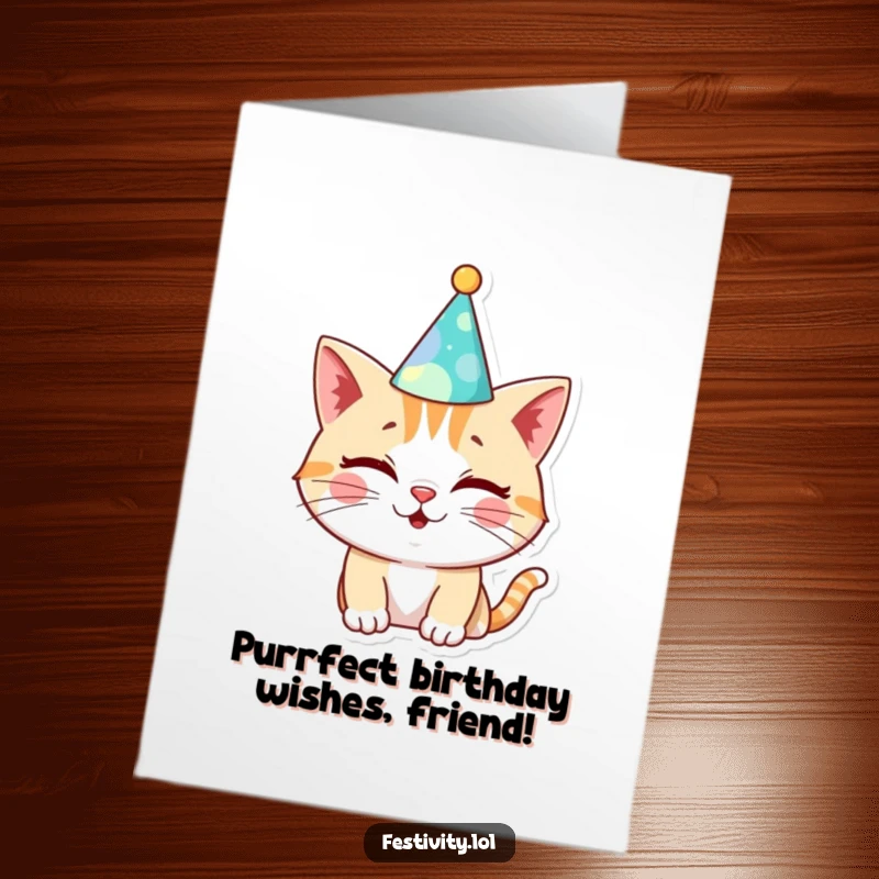 Funny Free Printable Birthday Card: A cute cat wearing a silly hat and giving a cheeky wink.