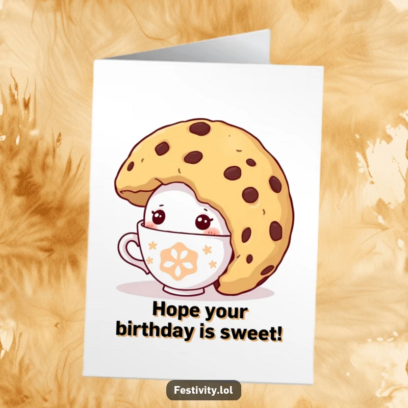 Funny Free Printable Birthday Card: A shy teacup character peeks from under a giant cookie, offering a sweet birthday wish.