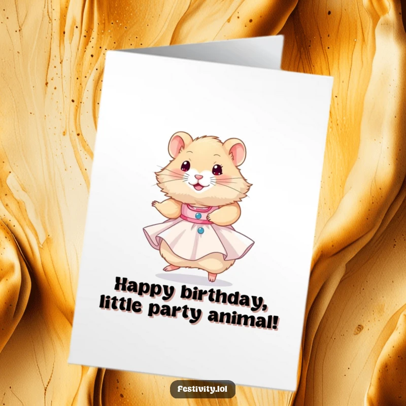 Funny Free Printable Birthday Card: Fluffy hamster in a tiny party dress twirling happily. Downloadable DIY gift.