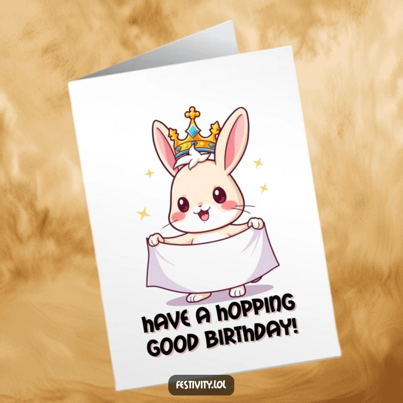 Funny Free Printable Birthday Card: Cheerful crowned rabbit holding a sparkling banner, majestic wishes.