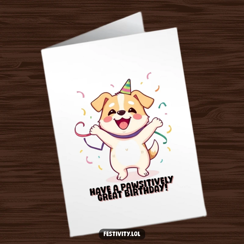 Funny Free Printable Birthday Card: A joyful dog doing a happy dance, adorned with colorful streamers, ready for birthday fun.