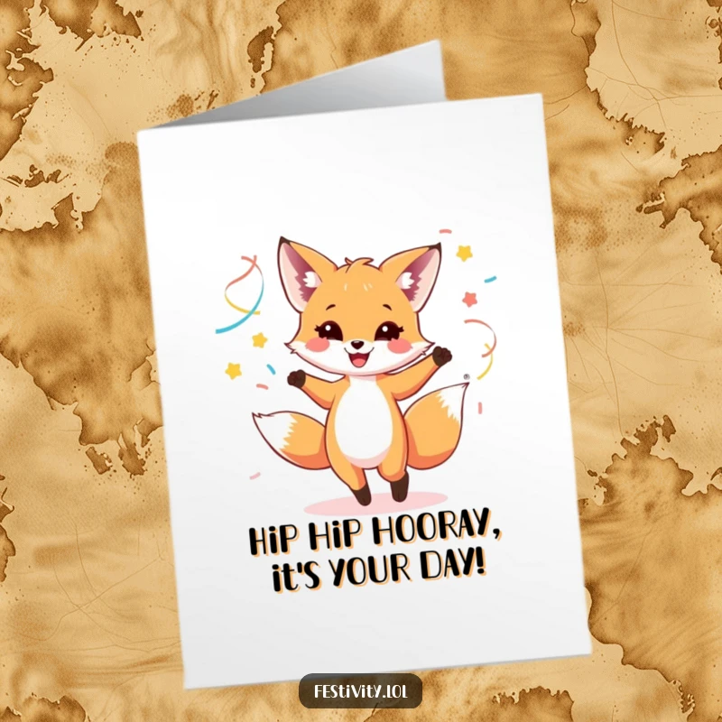 Funny free printable birthday card of a happy fox cub enthusiastically dancing amidst a swirl of colorful streamers, full of joy.