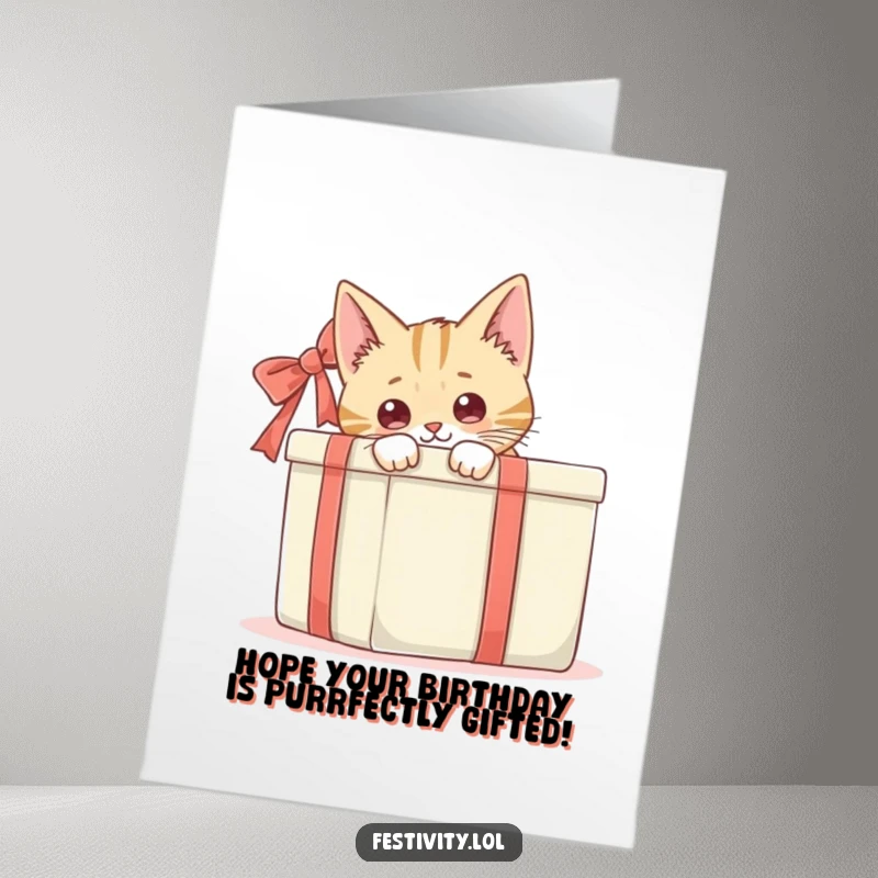 Funny Free Printable Birthday Card: Curious cat peeking from behind a large gift box. Downloadable DIY gift.
