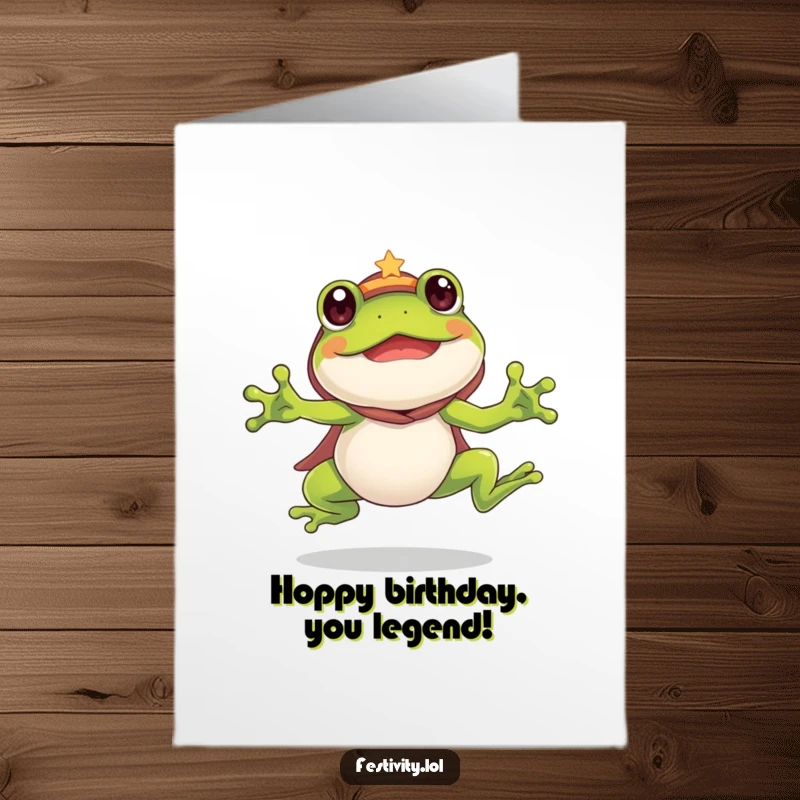 Funny Free Printable Birthday Card: A silly frog wearing a costume, enthusiastically leaping high for a birthday surprise.
