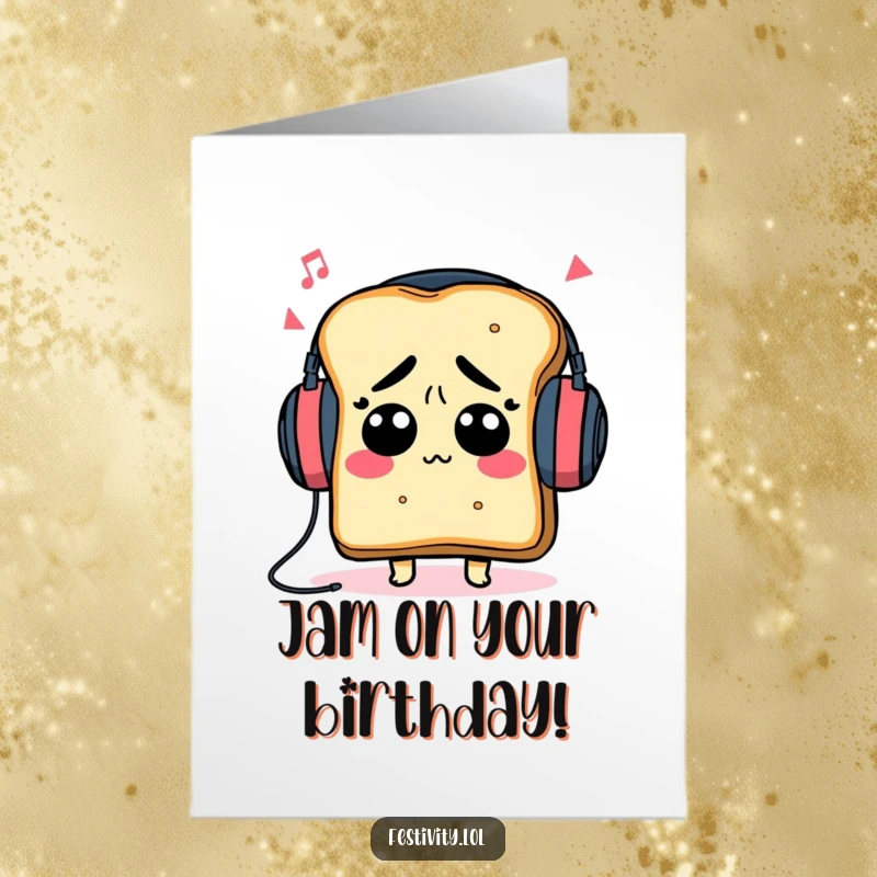 Funny Free Printable Birthday Card: Confused toast character rocks oversized headphones, vibing to music blissfully.