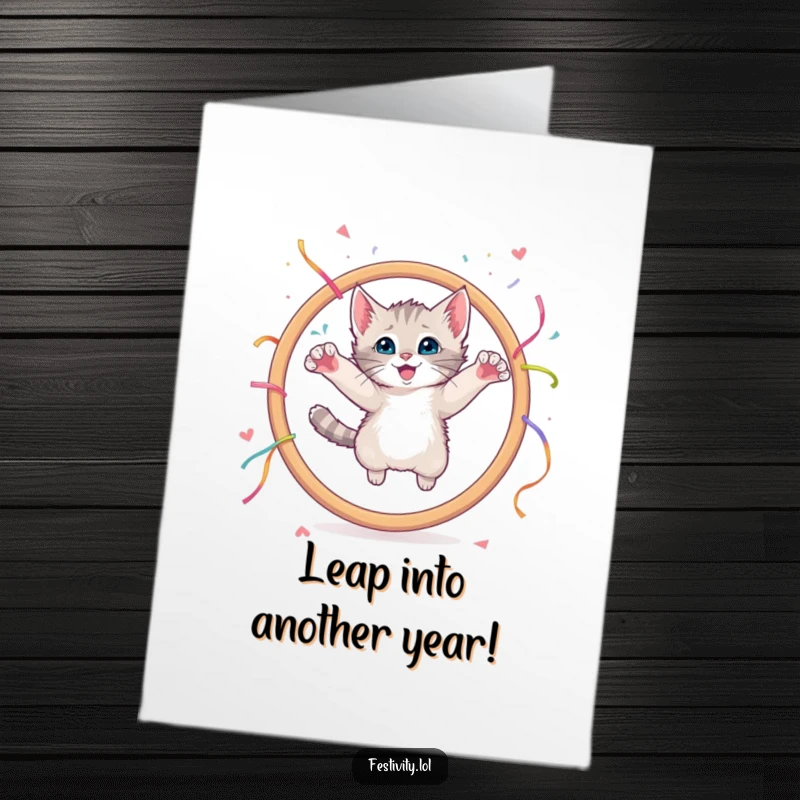 Funny Free Printable Birthday Card: Curious kitten mid-air leaping through a giant hoop decorated with streamers.