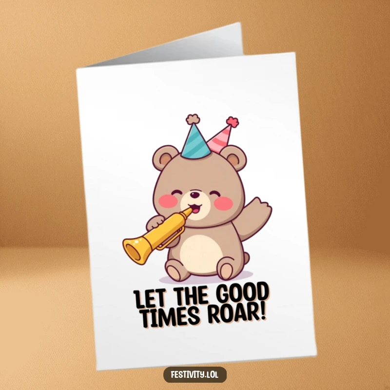 Funny Free Printable Birthday Card featuring a happy bear in a party hat, joyfully blowing a loud trumpet with musical notes flying.