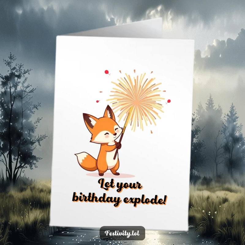 Funny Free Printable Birthday Card: Determined fox holding a giant, blooming firework, ready to make wishes come true.