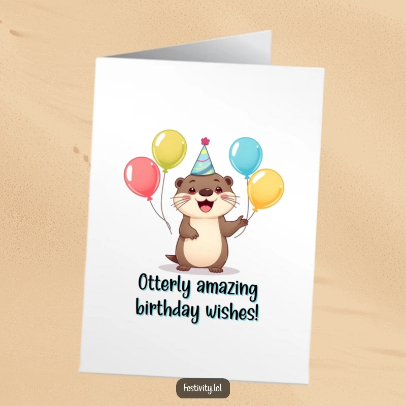 Funny Free Printable Birthday Card: A happy otter in a party hat juggles colorful balloons, celebrating with pure delight.