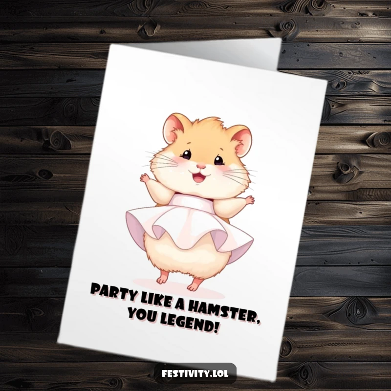 Funny Free Printable Birthday Card: A fluffy hamster in a tiny party dress twirls with pure joy, celebrating big.