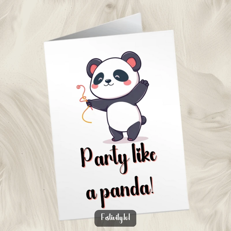 Funny Free Printable Birthday Card: A joyful panda enthusiastically dancing with a colorful streamer.