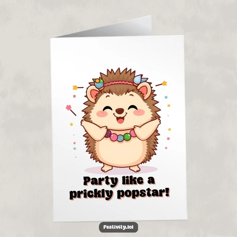 Funny Free Printable Birthday Card: Happy hedgehog adorned with festive garlands, dancing joyfully to celebrate.