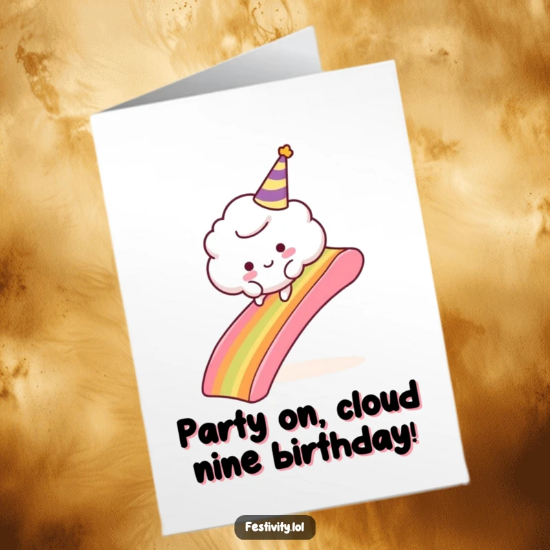 Funny Free Printable Birthday Card: A fluffy cloud with a party hat comically trips on a rainbow slide, celebrating joyfully.