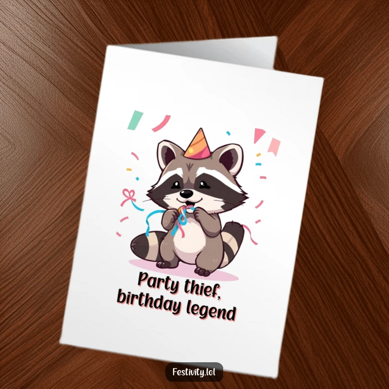 Funny Free Printable Birthday Card: Mischievous raccoon joyfully snatches a party streamer, ready for a good time.