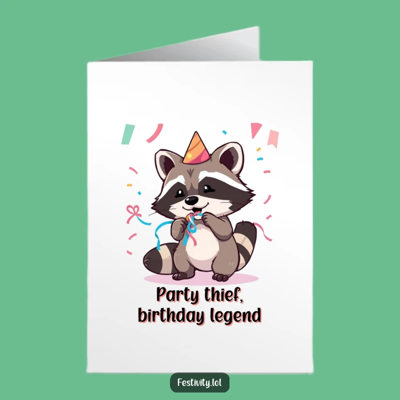 Free Printable Birthday Card: Funny Raccoon Stealing Streamer - Hilarious Downloadable Gift