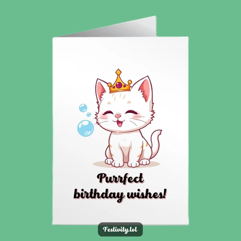 Free Printable Birthday Card: Kitten Blowing Bubbles - Humorous Royal Delight