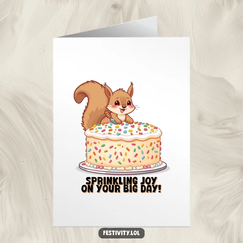 Funny Free Printable birthday card: A happy squirrel gleefully decorating a giant cake with oversized, colorful sprinkles.