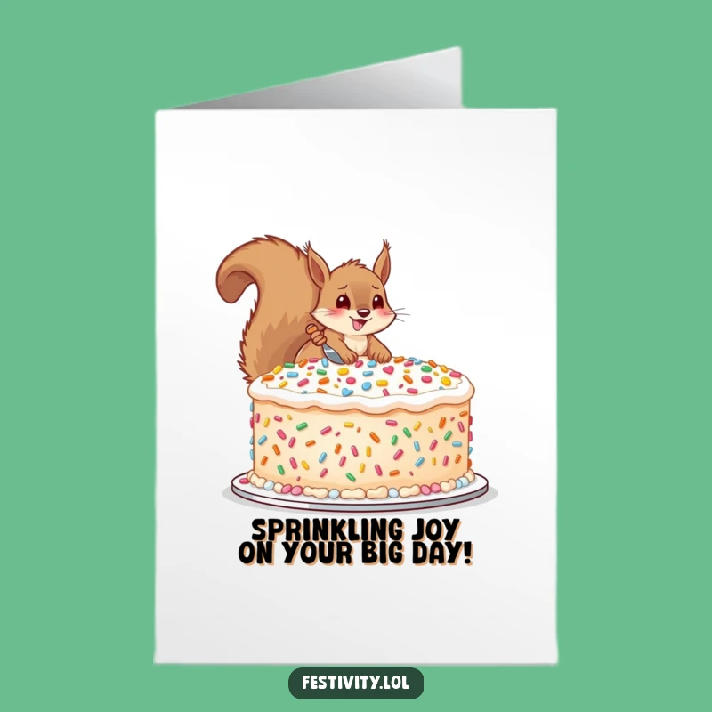Free Printable Birthday Card: Squirrel's Big Cake & Sprinkles, Funny Gift!