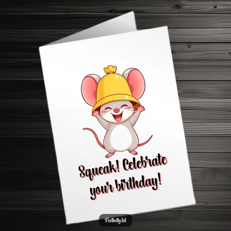 Funny Free Printable Birthday Card: a mouse triumphantly ringing a giant golden bell, celebrating with pure joy.