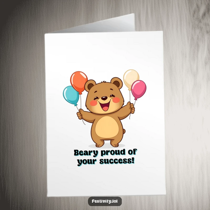 Funny Free Printable Congratulations Card: A grinning bear juggling balloons, a symbol of happy success.