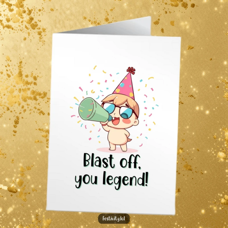 Funny Free Printable Congratulations Card: Character in party hat launching confetti cannon, celebrating success.