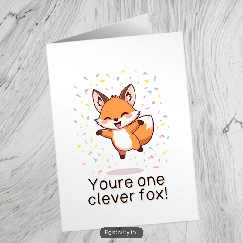 Funny Free Printable Congrats Card: A grinning fox leaps through confetti, embodying a triumphant and celebratory spirit.