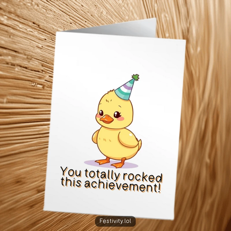 Funny Free Printable Congratulations Card: a wobbly duckling trying to balance a cake, celebrating achievements with humor.