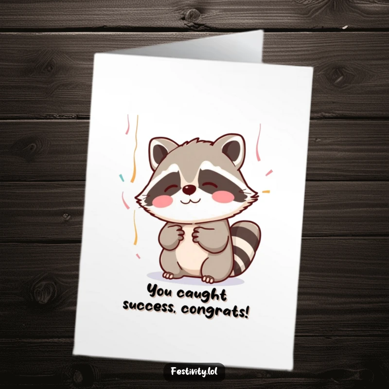 Funny Free Printable Congratulations Card: Blushing raccoon with paws outstretched, catching streamers, a festive downloadable congratulations.