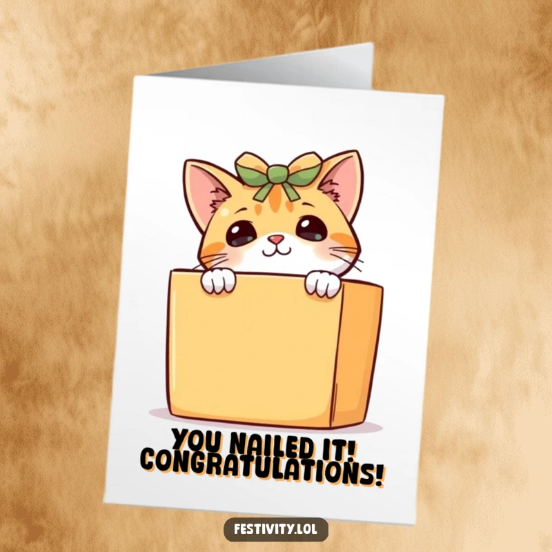 Funny Free Printable Congrats Card: Curious cat emerging from a gift box, observing congratulations with mischievous glee.