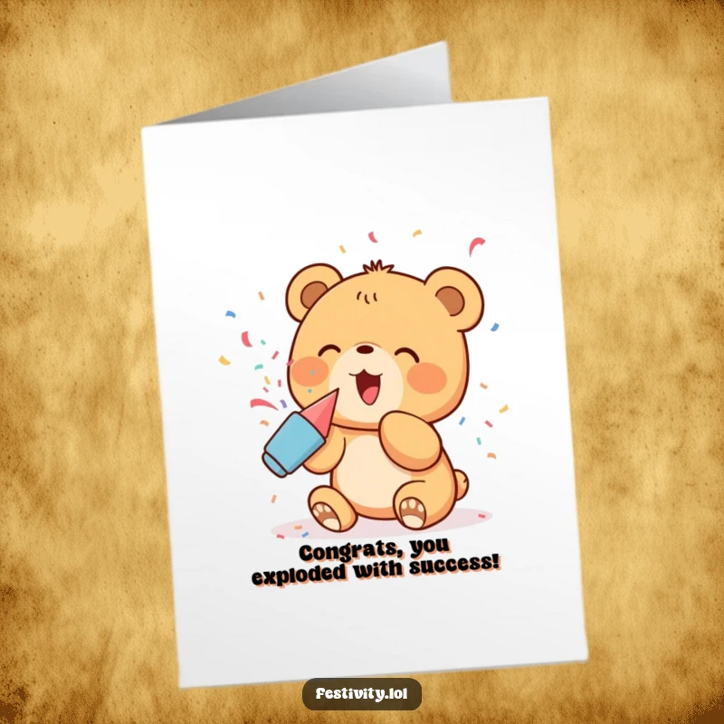 Funny Free Printable Congrats Card: Delighted bear cub popping confetti, a celebratory bear cub.