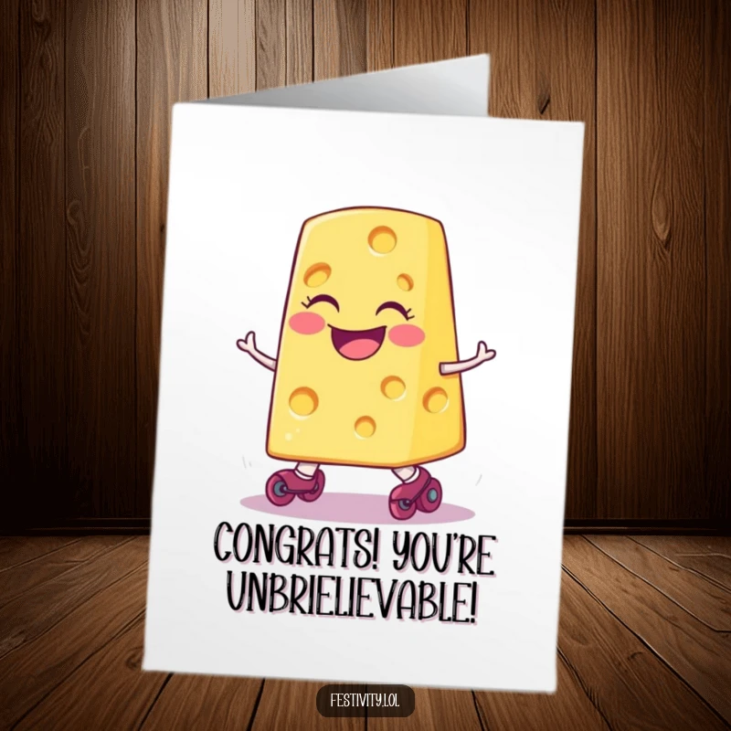 Free Printable Congratulations Card: A smiling cheese slice on roller skates hilariously tripping and stumbling.